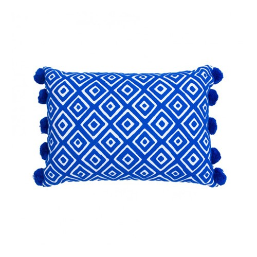 Kabuki Rectangular cushion with pompoms, L50 x W35cm, Indigo/White