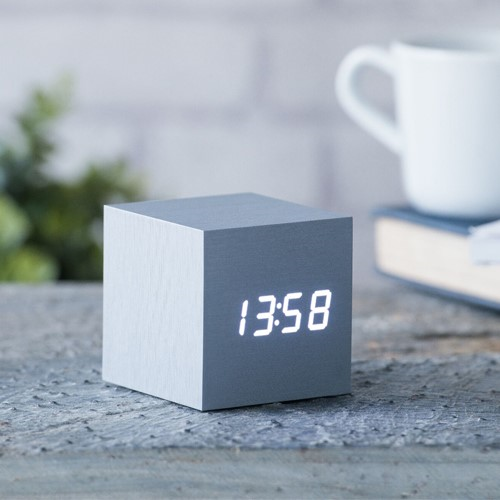 Cube Click Clock, L6.8 x W6.8 x H6.8cm, Aluminium/White