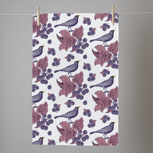 Blackbird & Bramble Tea towel, 50 x 70cm, White/Purple/Pink