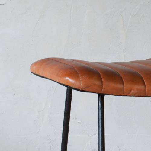 Narwana Ribbed Leather Stool, H60.5cm, Aged Leather and Iron