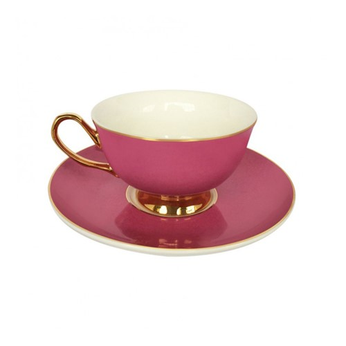 Gold rim Teacup and saucer, H6x Dia15cm, Pink