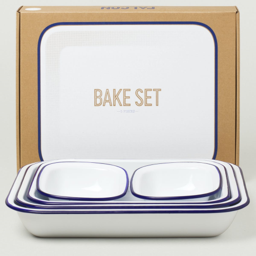  Enamel bake set, white with blue rim