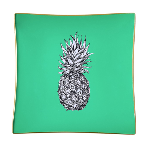 Pineapple Square decoupage tray, 15cm, Mint Green/Gold Edging
