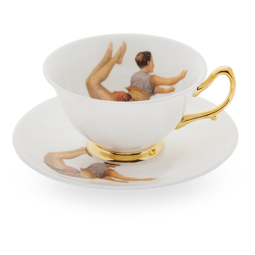 Trapeze Boy Teacup and saucer, Crisp White/Burnished Gold Details