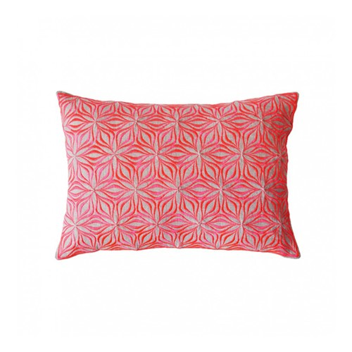 Martha Geometric Rectangular linen cushion, L50 x W30cm, Neon Coral