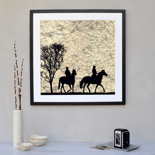 Riding Framed silhouette image with personalised map, 43 x 48cm, black frame