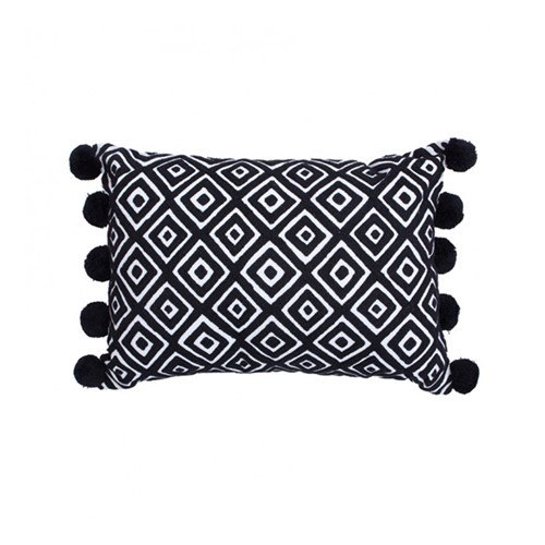 Kabuki Rectangular cushion with pompoms, L50 x W35cm, Black/White