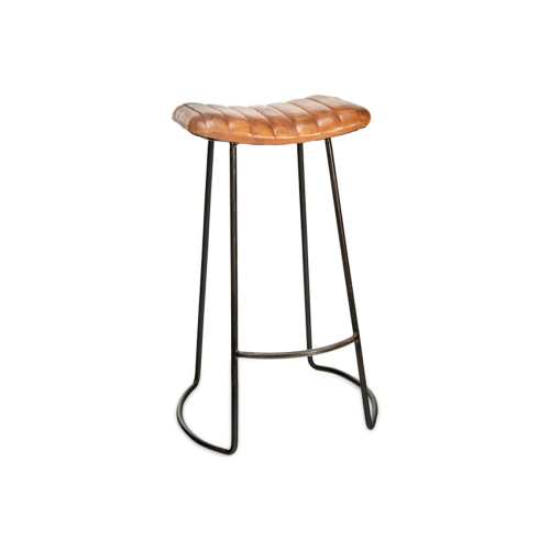 Narwana Ribbed Leather Stool, H75cm, Aged Leather and Iron