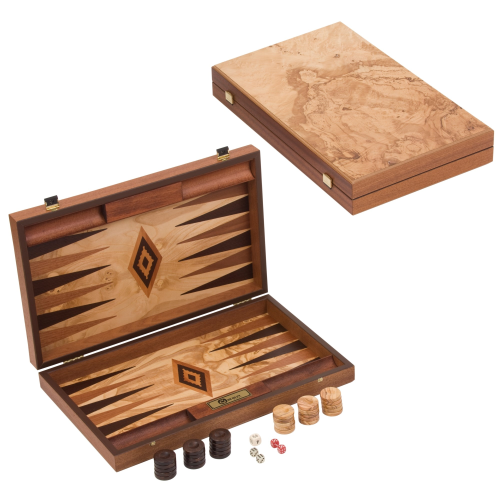 Backgammon set, 60 x 47.5 x 3.75cm open, Olive Burl