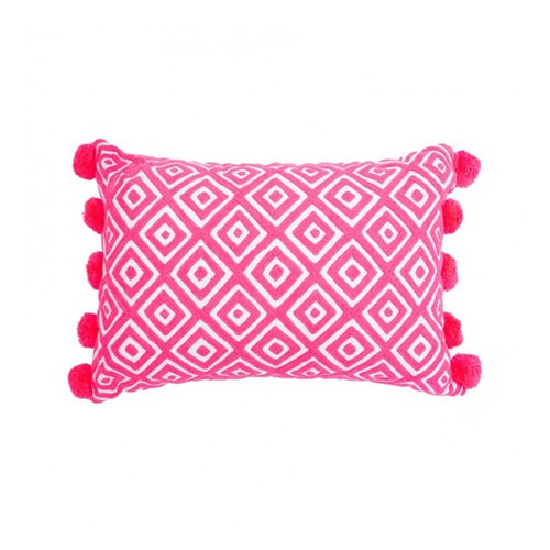 Kabuki Rectangular cushion with pompoms, L50 x W35cm, Coral/White