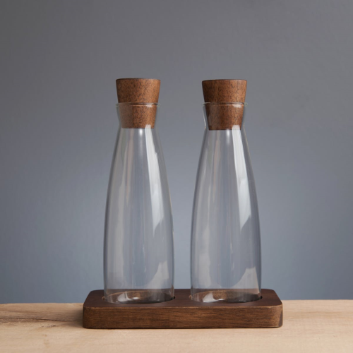  Oil & vinegar set, L14 x W7 x H17cm, Acacia Wood / Glass