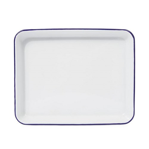 Enamel serving tray, L28 x W22 x H3.5cm, white with blue rim with blue rim
