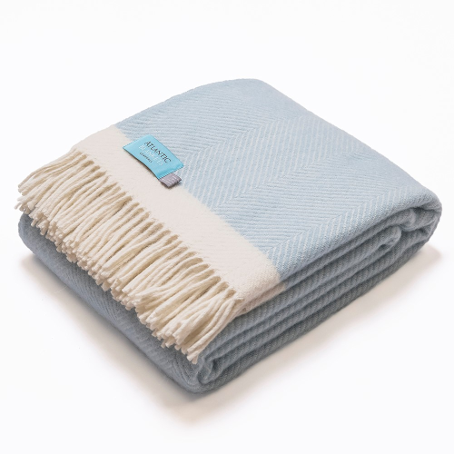 Herringbone Blanket, 130 x 250cm, Light Blue/Cream Wool