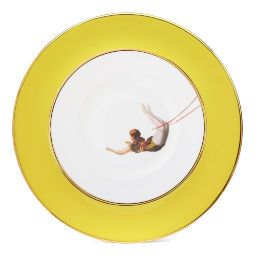 Trapeze Girl Dinner plate, 27cm, Crisp White With Yellow Border/Burnished Gold Edge
