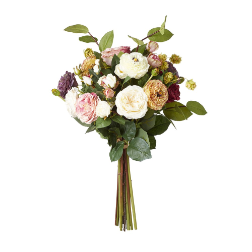  Faux Roses, Ranunculus, Apple Leaf & Hops Bunch, H40cm, Multi